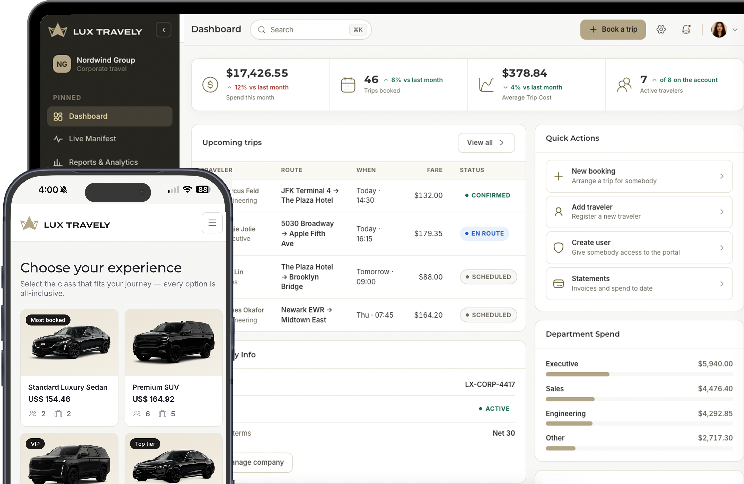 Lux Travely corporate dashboard and mobile app
